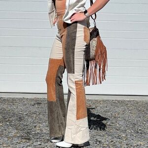 Patchwork Corduroy Flare Pants | Boho Western Colorblock High Rise